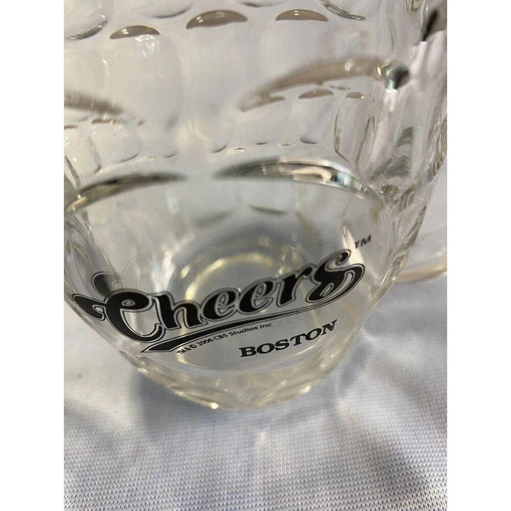 2 Cheers Boston CBS STUDIOS Glass Barrel Beer Glass Mugs Thumbprint Luminarc USA